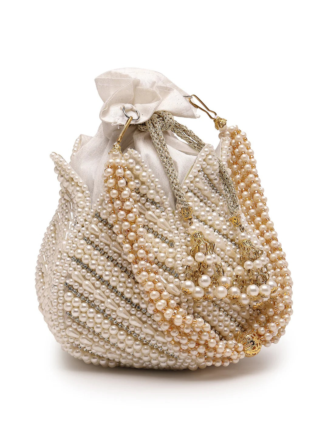 Lotus Pearl Embellished Faux Silk Potli Bag