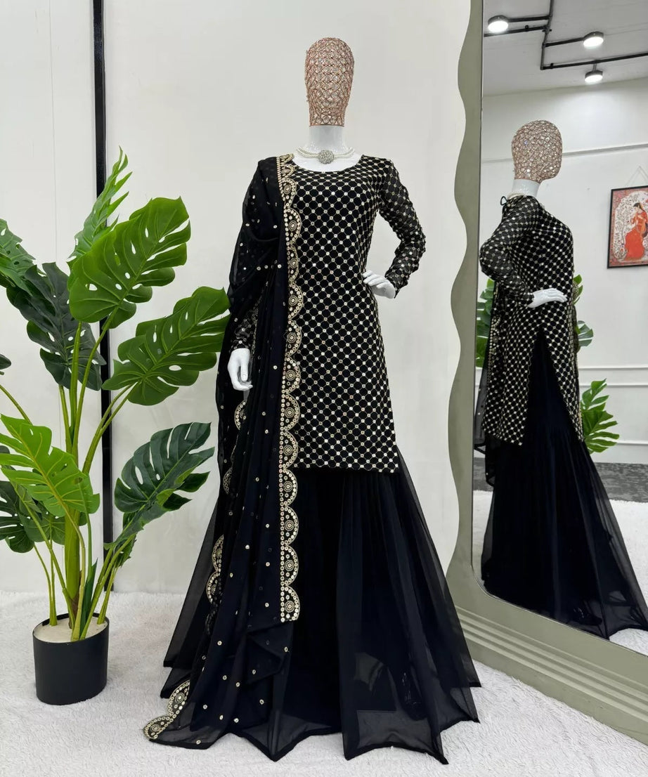 Georgette With Sequence Work  Pakistani Top Sharara Dupatta