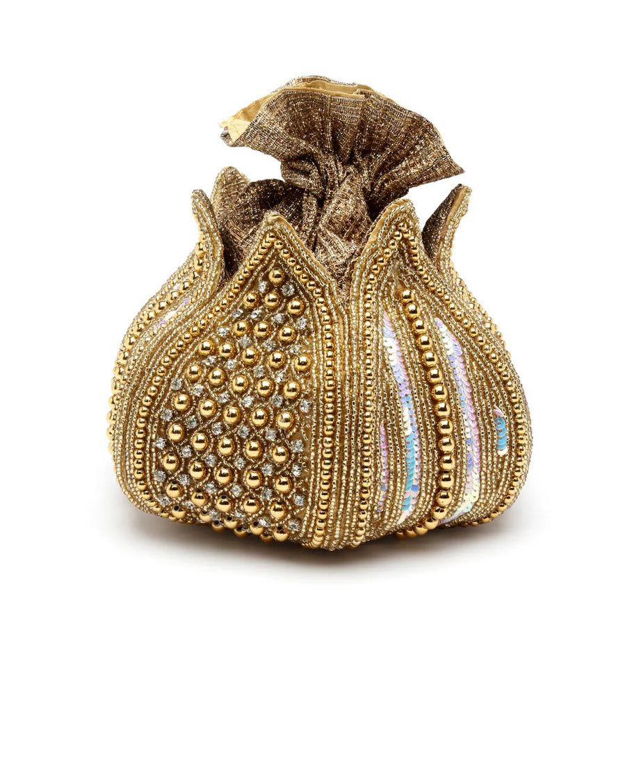 Lotus Stone Work Embellished Faux Silk Potli Bag