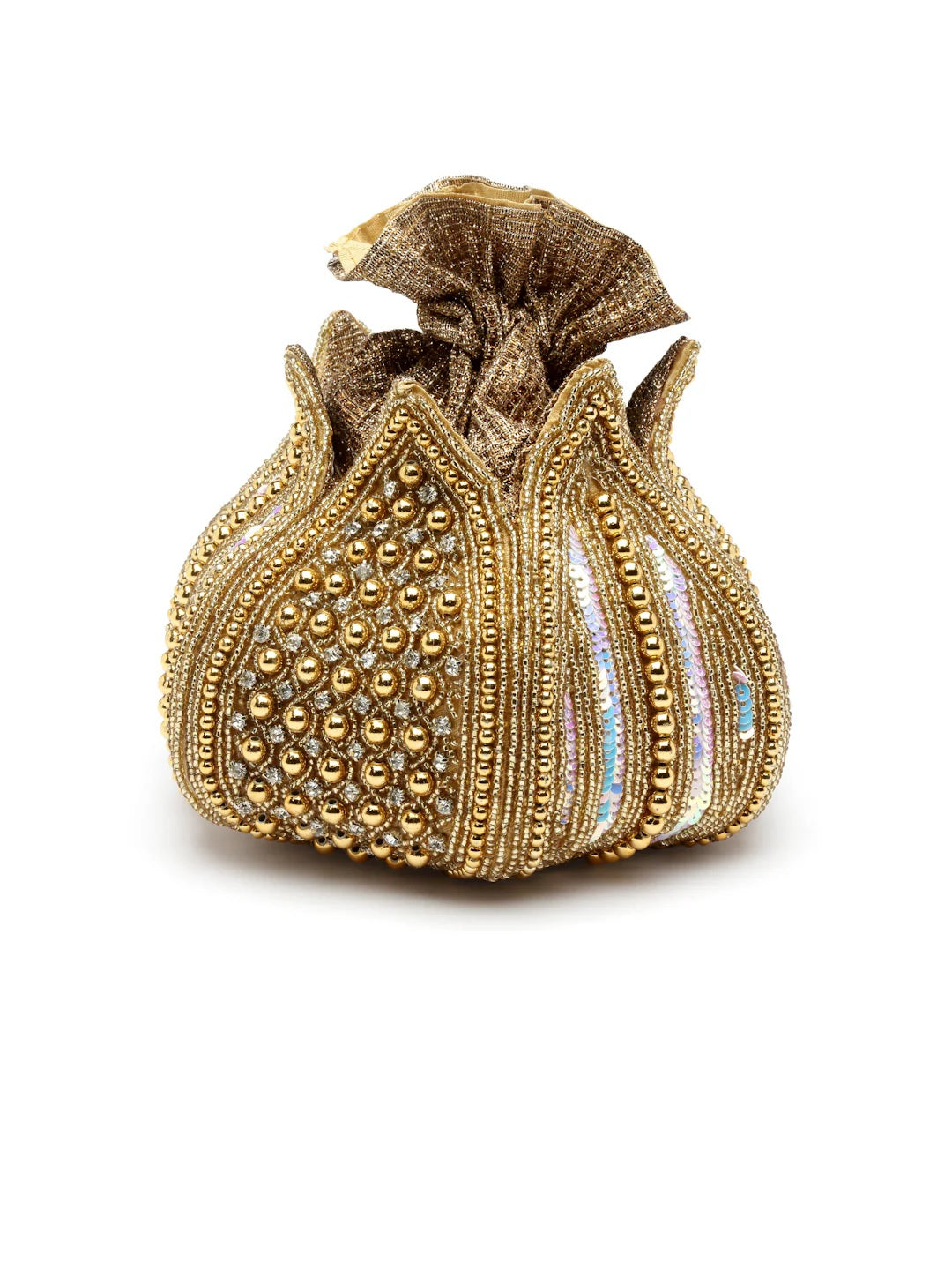 Lotus Stone Work Embellished Faux Silk Potli Bag