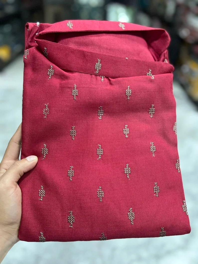 Heavy Magic Cotton With  Embroidery Butti Kurta Pajama Set for Men's