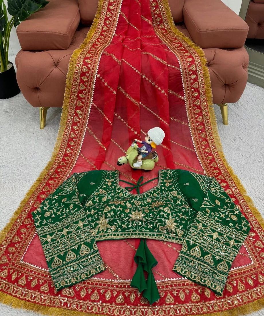 Red Organza Silk With  Sequence Work Sari Blouse