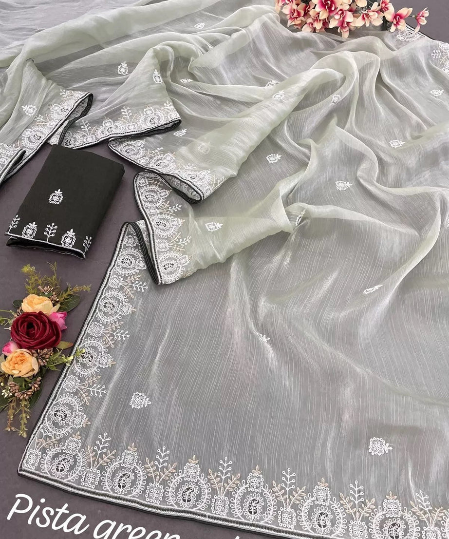 Barbari Silk Fabric With Embroidery Thread Work Designer Sari & Blouse