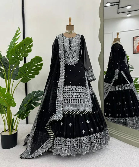 Bollywood Style Faux Georgette Top Sharara With Dupatta