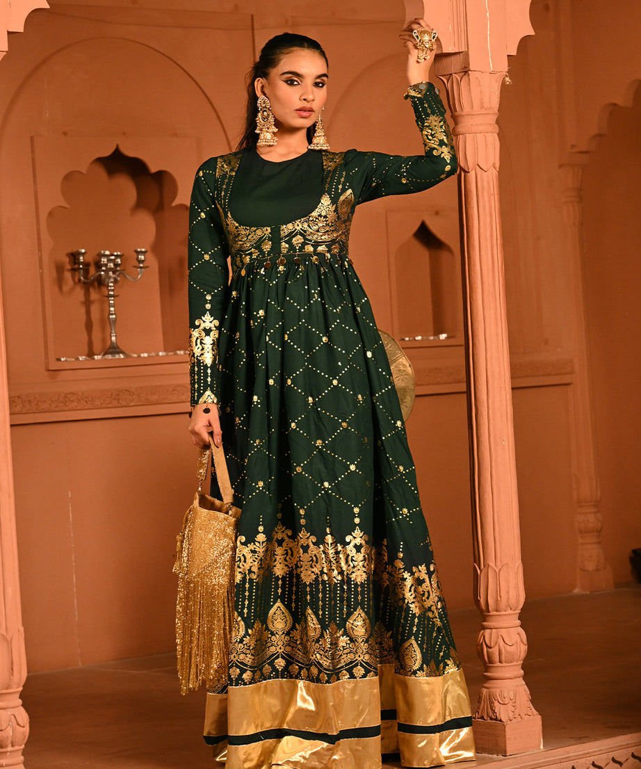 Luxury Emerald Green Gold Embroidered Anarkali Dress For Women(3XL)