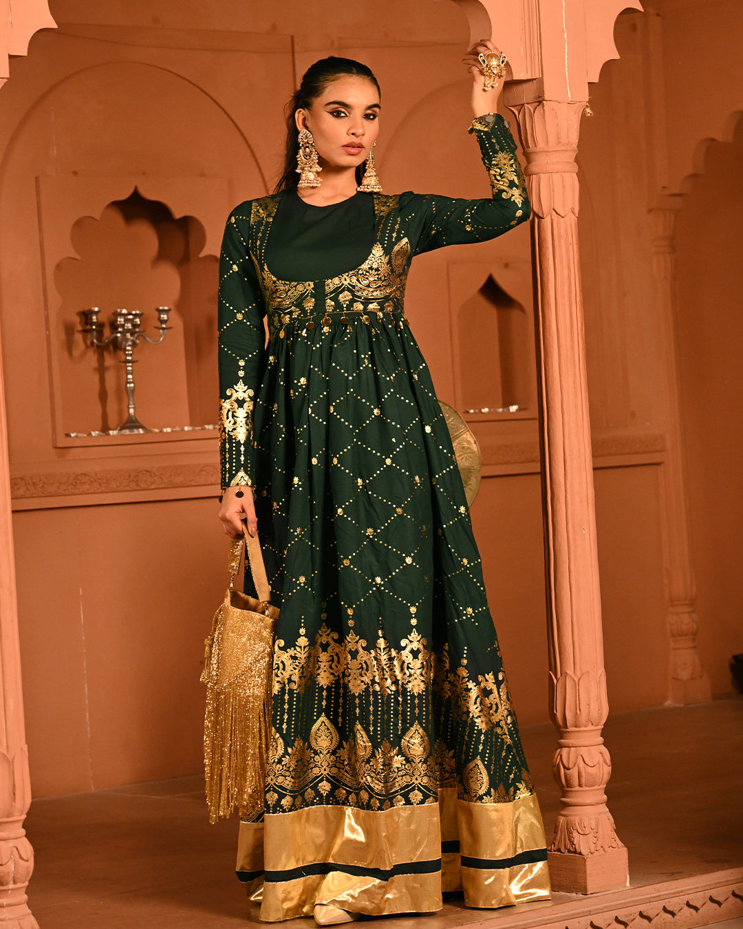 Luxury Emerald Green Gold Embroidered Anarkali Dress For Women(3XL)