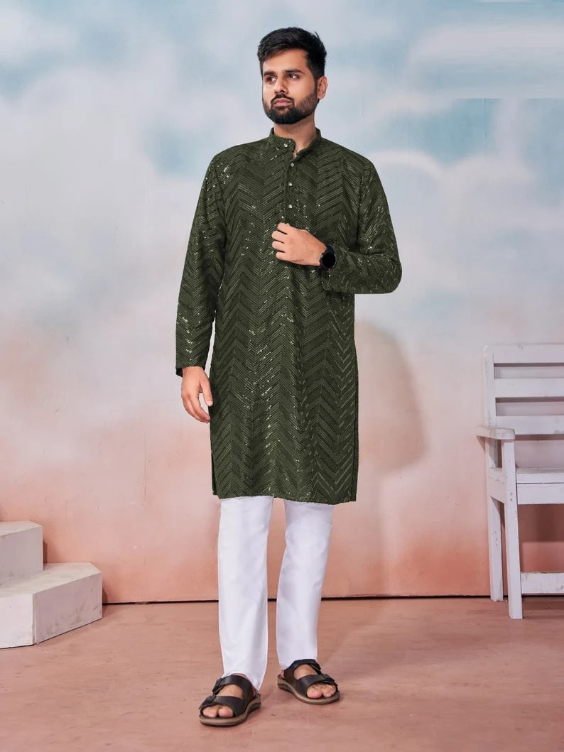 Heavy Rayon Chikan Work Kurta Pajama Set For Men's