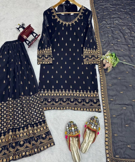 Faux Georgette With Thread & 9MM Sequence Work Top Palazzo & Duppata