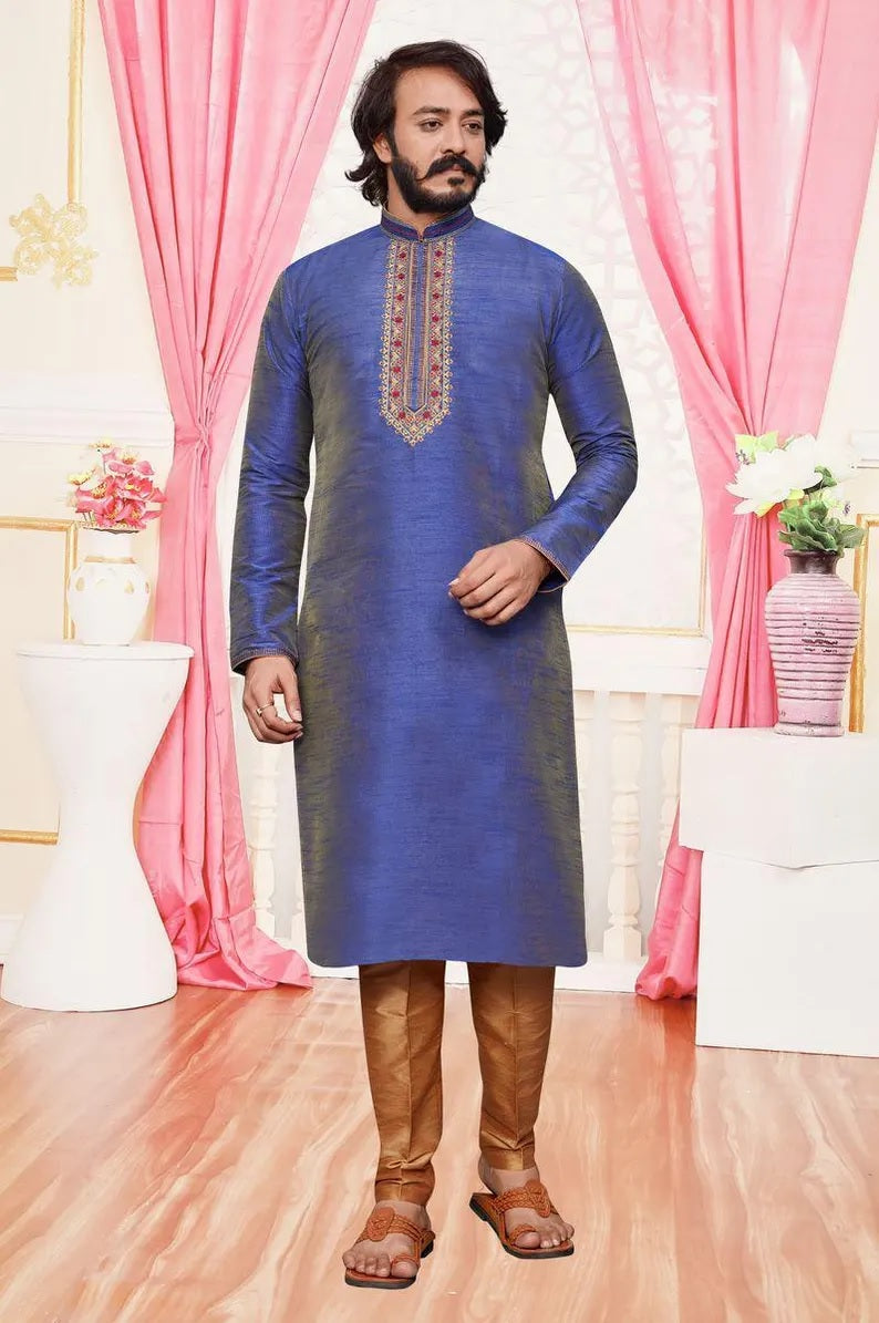 Heavy Silk With Embroidery Work Kurta Pajjama Men's Set