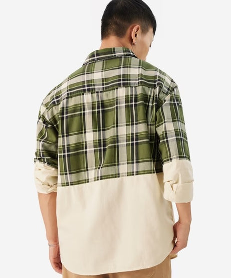 Plaid Green, Cream Men Relaxed Shirts