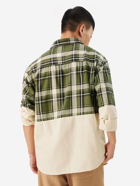 Plaid Green, Cream Men Relaxed Shirts