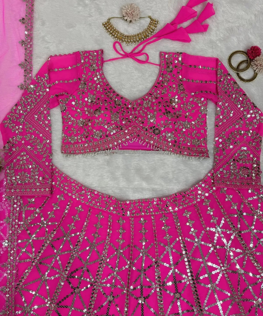 Pink Traditional Wedding Georgette With Thread Work Lehenga Blouse & Dupatta
