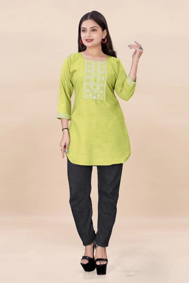 Stylish Rayon Kurti, With Embroidery Sequens Work Short Top Kurti