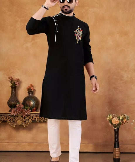Men's Slub Cotton Kurta Pajama Set, Traditional Wedding Wear Long Kurta Set