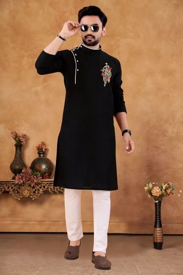 Men's Slub Cotton Kurta Pajama Set, Traditional Wedding Wear Long Kurta Set