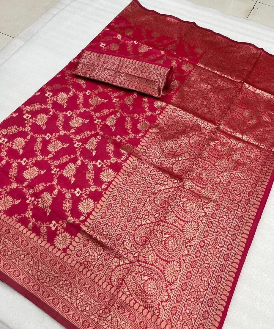 Pakistani Designer Banarasi Soft Silk Saree & Blouse