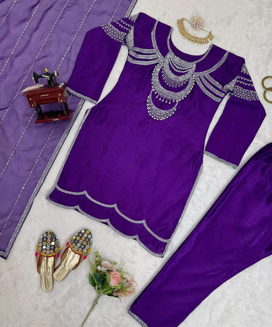 Chinon Silk Bollywood Designer Stylish Top Pant & Dupatta