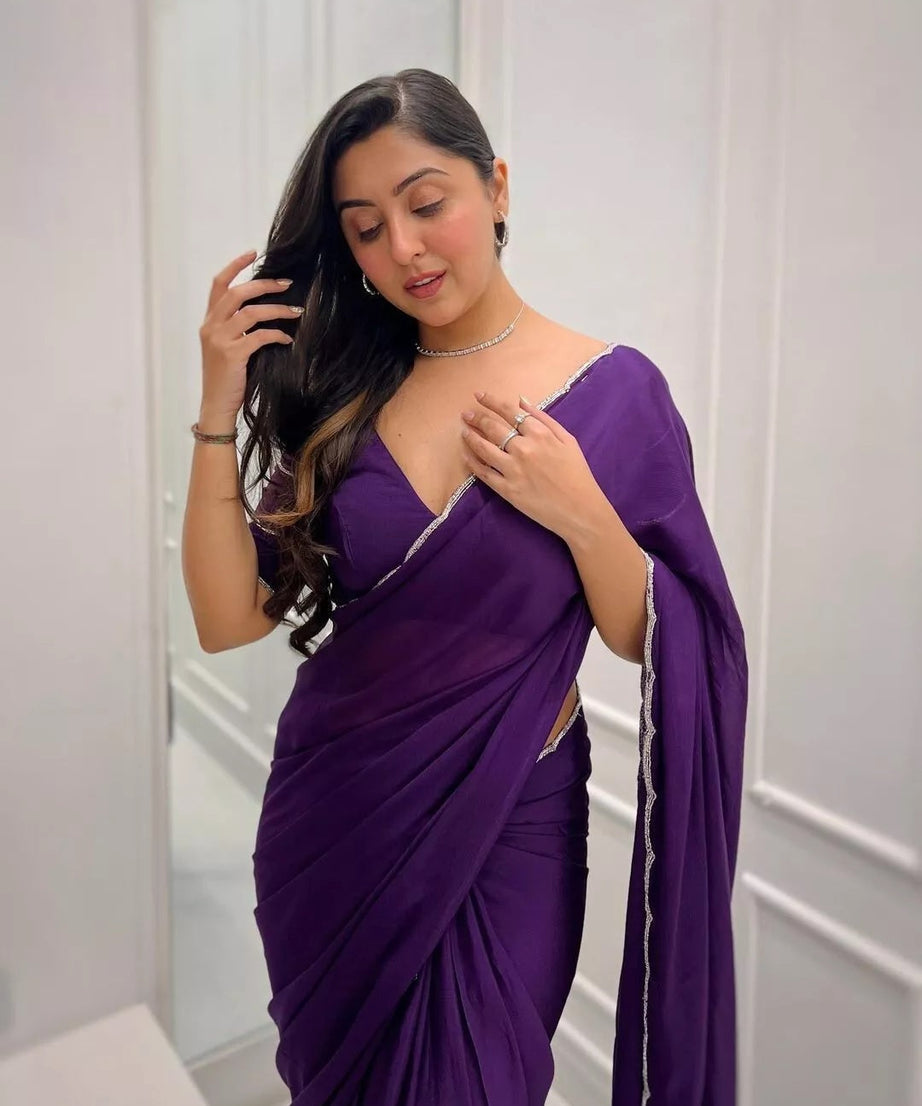 Soft Rich Elegant Chinon With Stone Bead Work Saree & Blouse