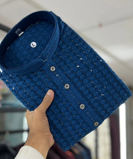 Men's  Cotton Rayon With Sequin Work Kurta Pajama Set