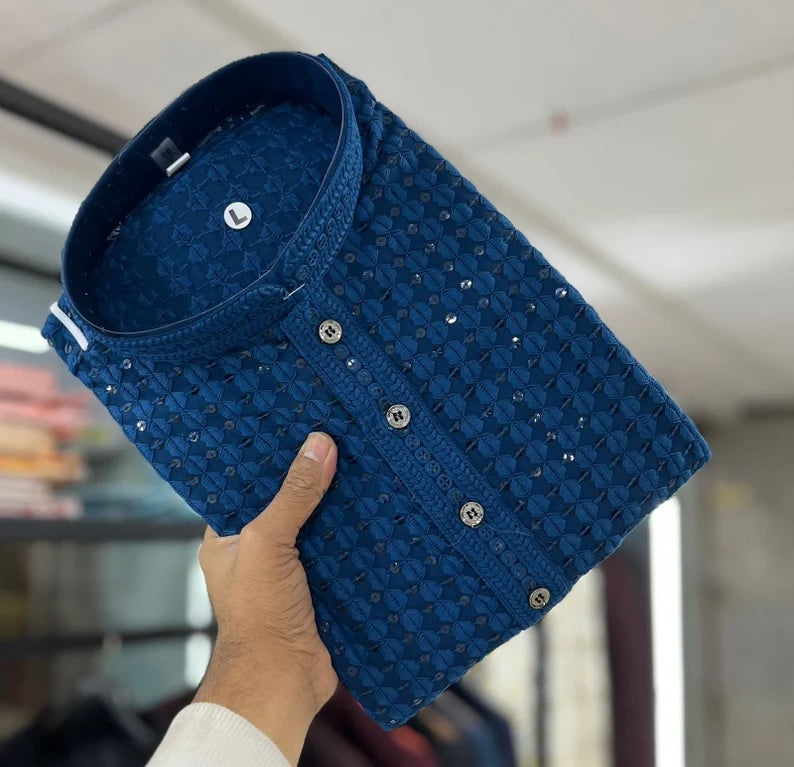 Men's  Cotton Rayon With Sequin Work Kurta Pajama Set