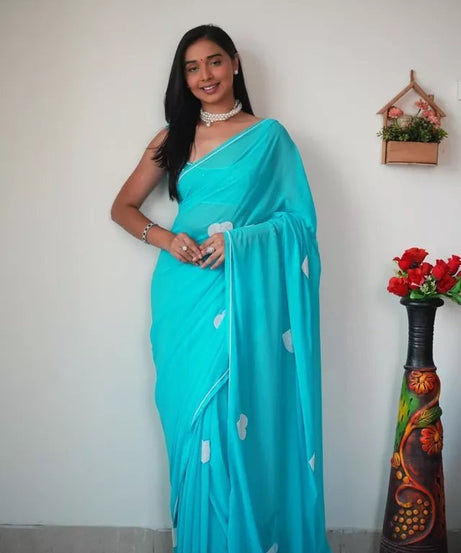 Georgette Embroidery Work Ready To Wear Sari With Blouse