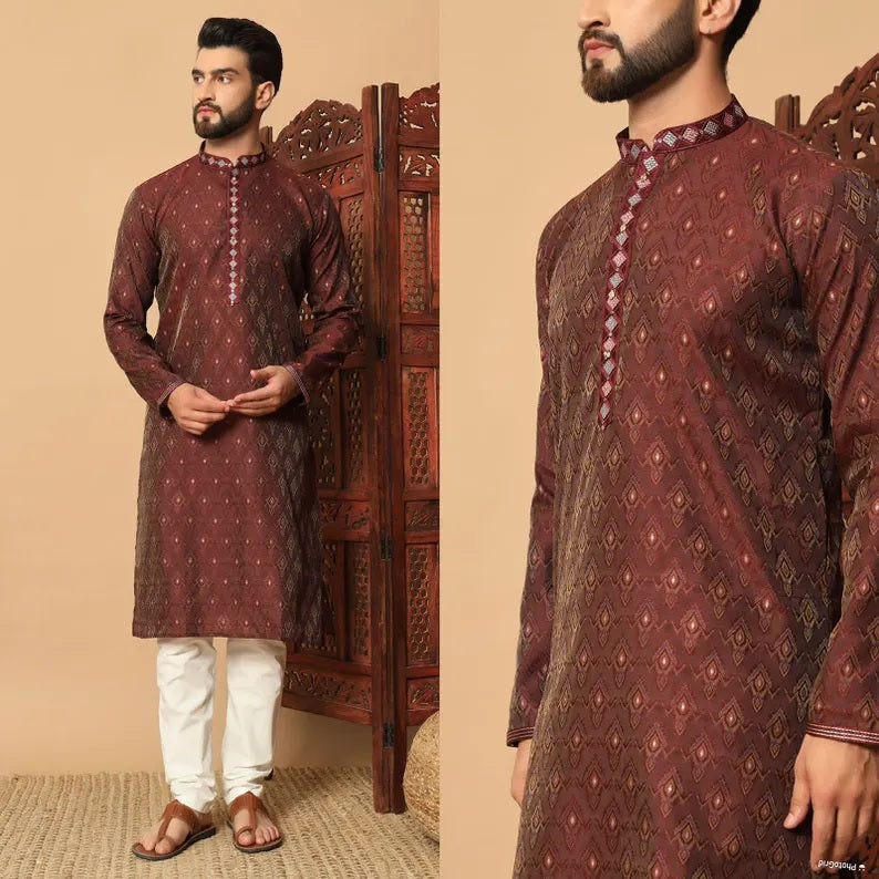 Heavy Silk Jacquard With Embroidery Men's Kurta Set
