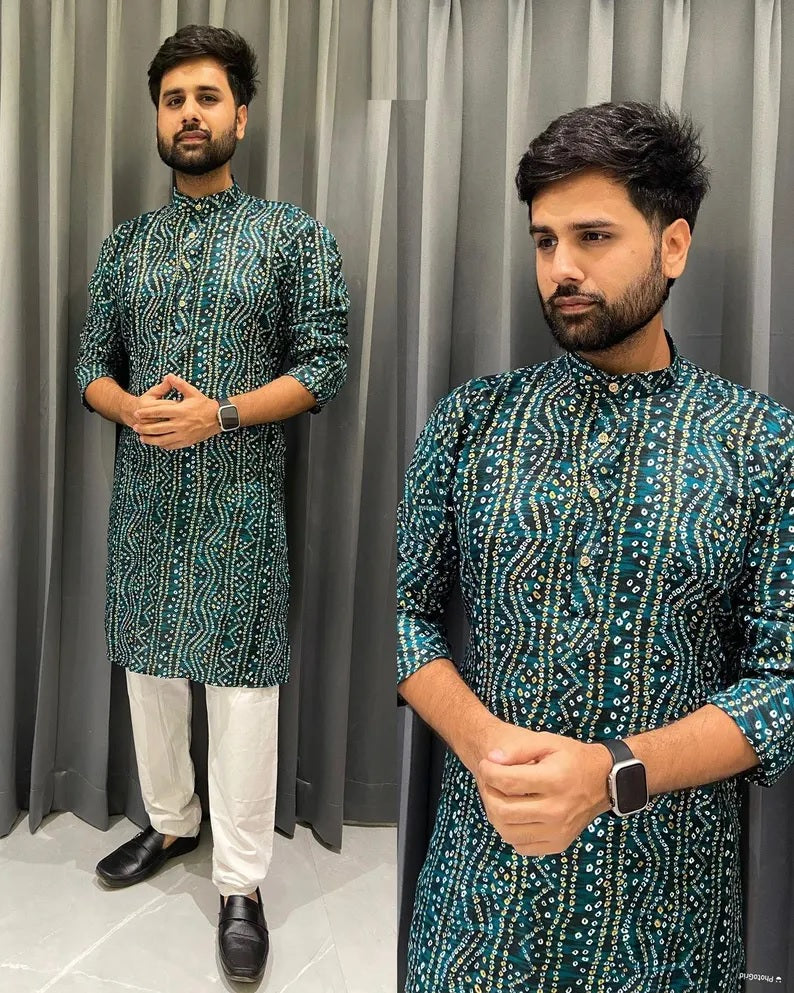 Men's Cotton Bandhani Print Kurta Pajama Set