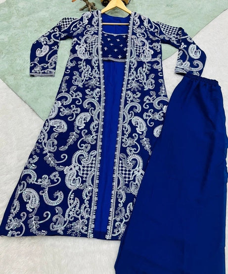 Faux Georgette With Designer  Embroidery Work Shrug - Palazzo & Blouse