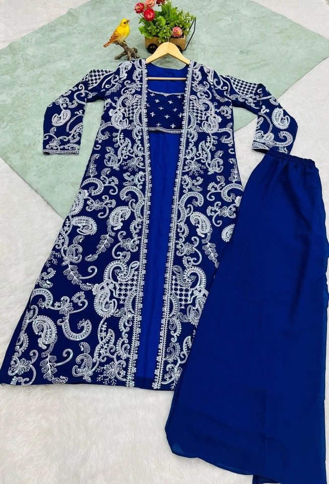 Faux Georgette With Designer  Embroidery Work Shrug - Palazzo & Blouse