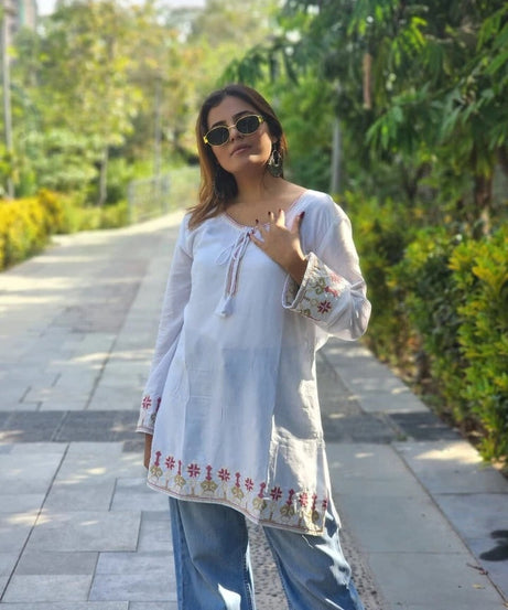 Short Stylish Heavy Rayon With Embroidery Work Printed Kurti