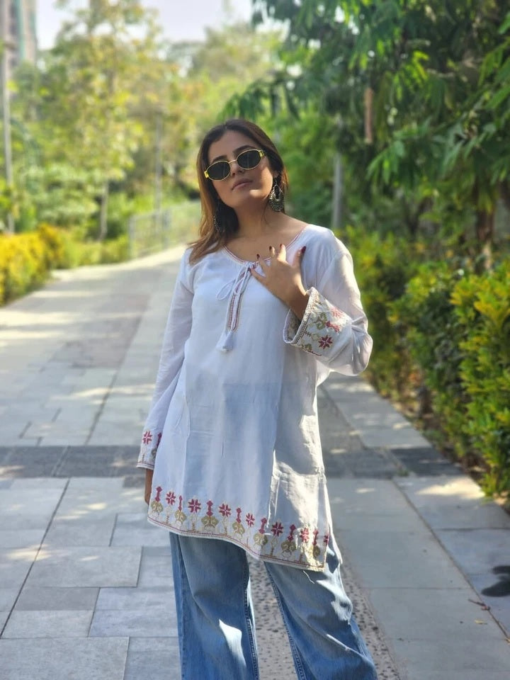 Short Stylish Heavy Rayon With Embroidery Work Printed Kurti