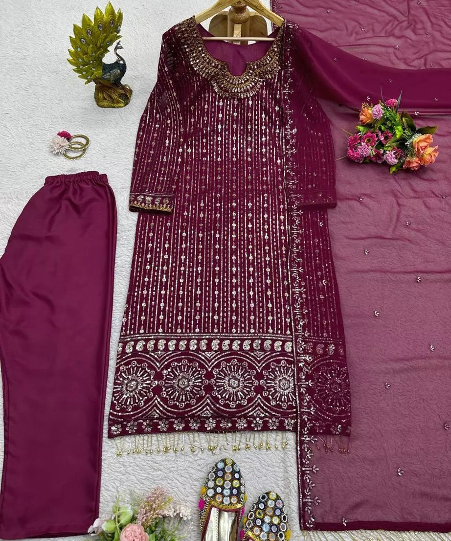 Georgette Function Style Top Pant With Dupatta Set