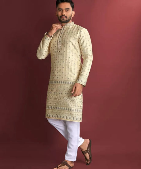 Stitched Heavy Jacquard Silk Indian Traditional Look Kurta Pajama For Men's