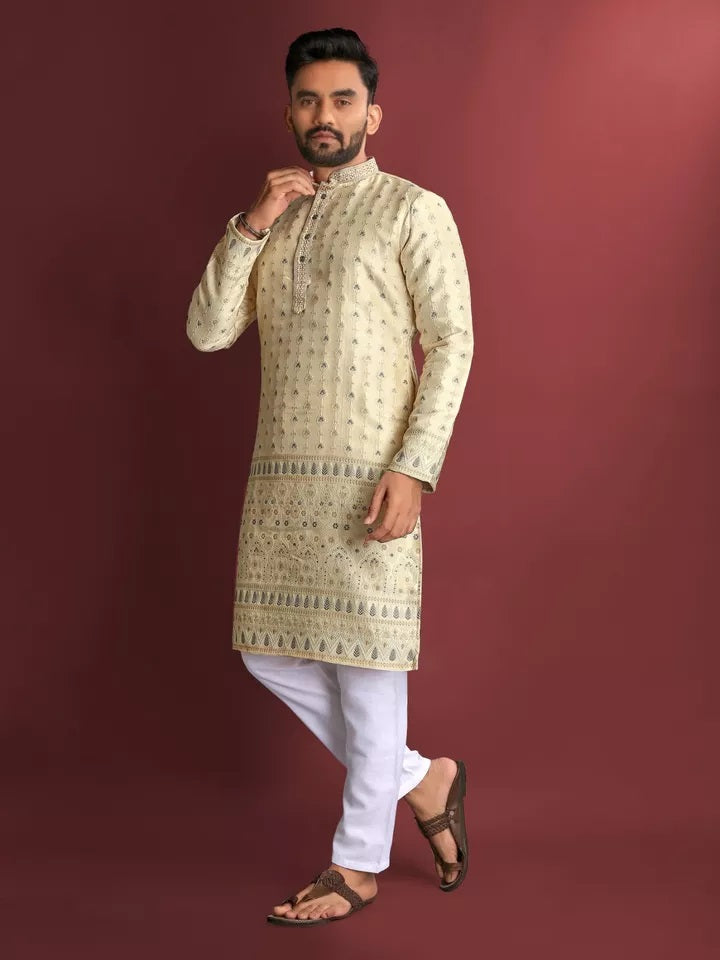 Stitched Heavy Jacquard Silk Indian Traditional Look Kurta Pajama For Men's