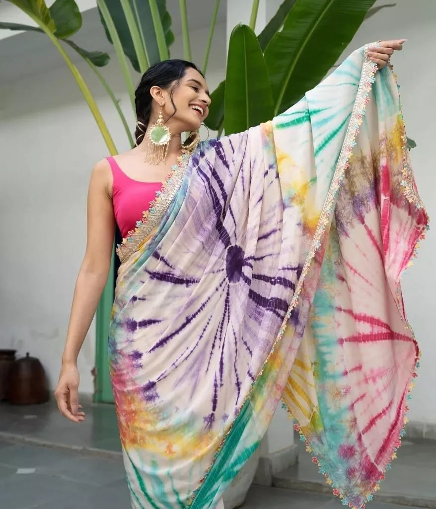 Soft Chinon Silk Printed Designer Sari With Blouse