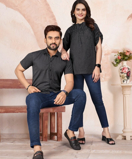 Pure Cotton Lining Pattern Tunic Top & Shirt Combo Set