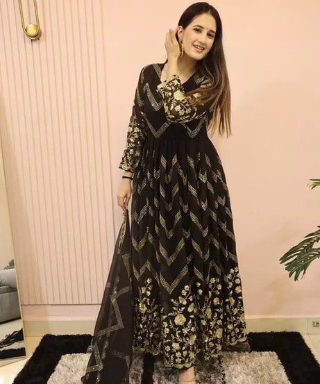 Fox Georgette With Embroidery Work With Full Sleeve Gown Bottom Dupatta Set