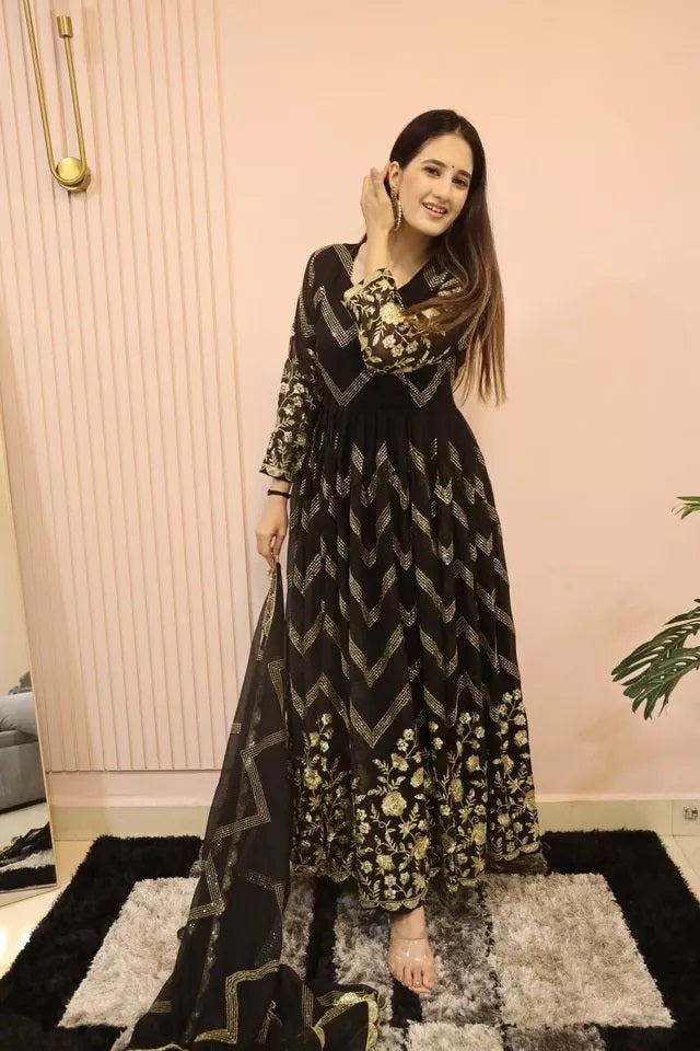 Fox Georgette With Embroidery Work With Full Sleeve Gown Bottom Dupatta Set