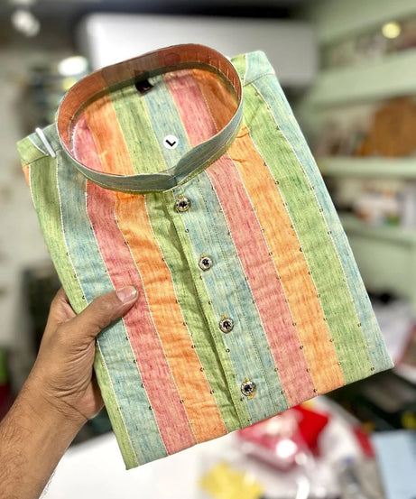 Linen Slub Strip Fancy Kid's & Boy's Kurta Pajama Set