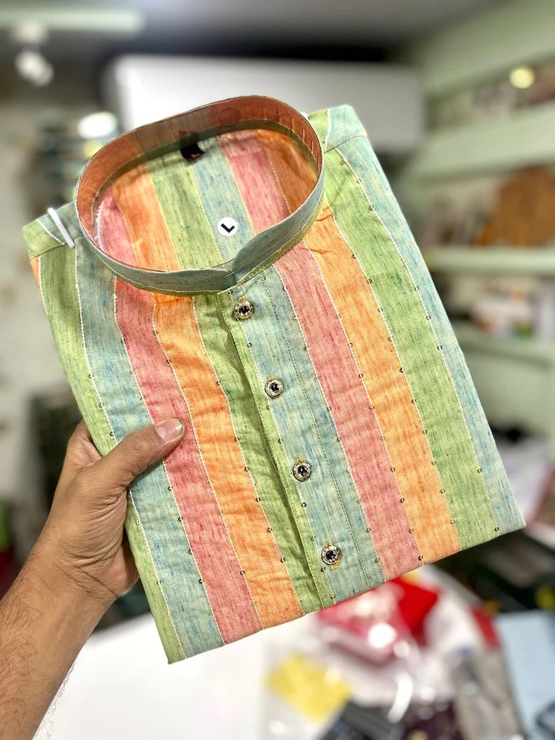 Linen Slub Strip Fancy Kid's & Boy's Kurta Pajama Set