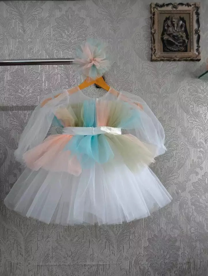 Little Girl's Net Full Flair With Multi Color Dress