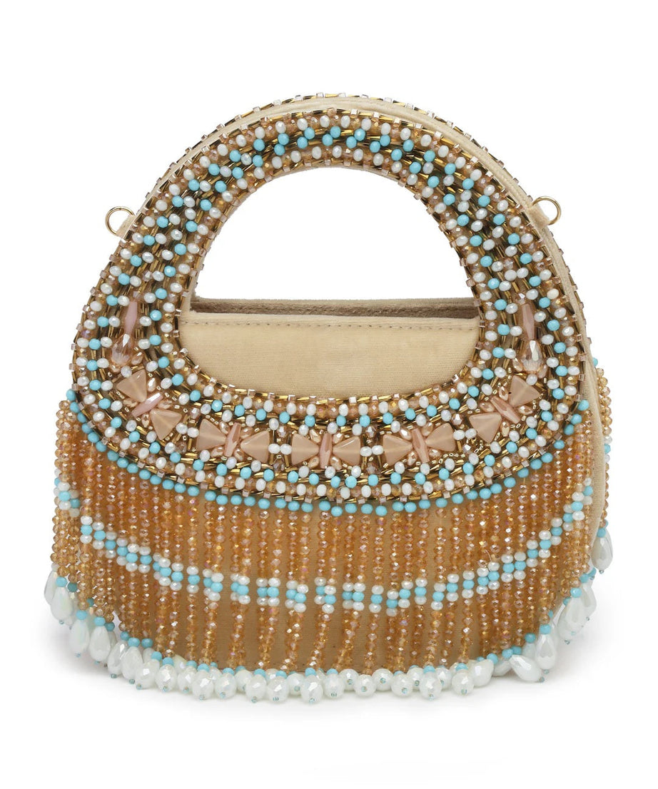 Dangle Bead Work Embellished Suede Clutch