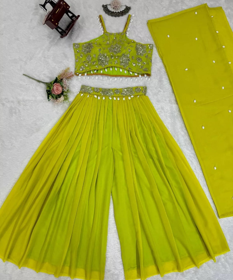 Georgette Sequence & Kodi Lace Border Choli Sharara With Koti