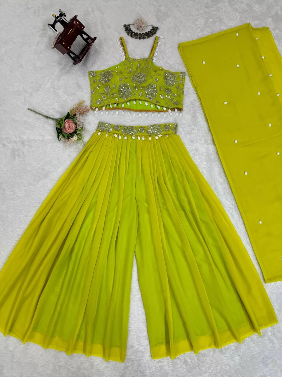Georgette Sequence & Kodi Lace Border Choli Sharara With Koti