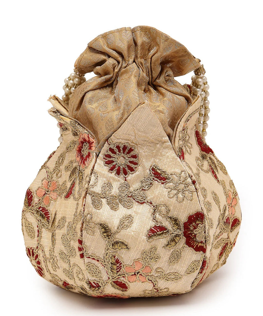 Lotus Floral Embellished Faux Silk Potli Bag