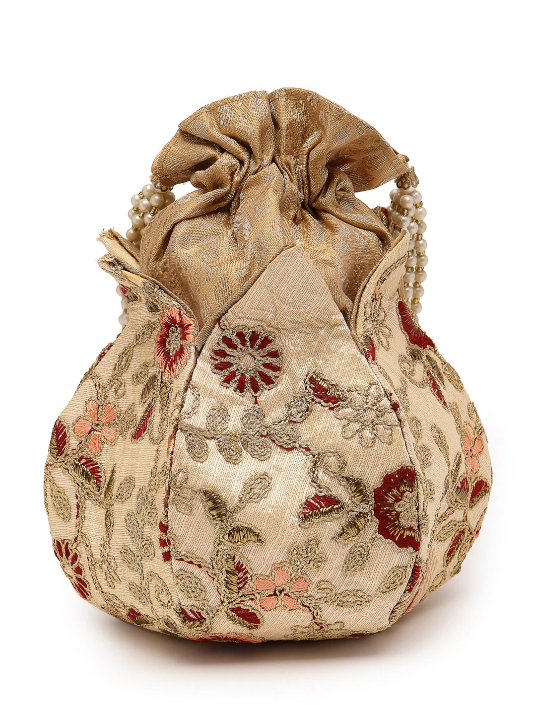 Lotus Floral Embellished Faux Silk Potli Bag