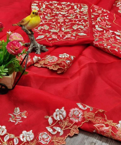 Organza Silk,Sequince & Zari Thread Designer Party Wear Saree & Blouse 11-RV