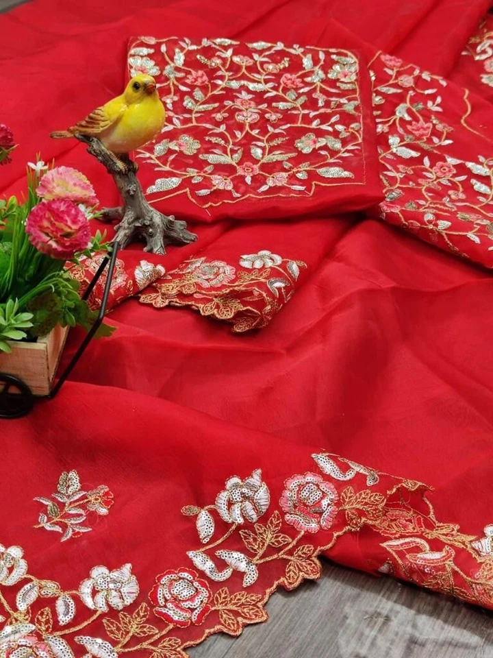 Organza Silk,Sequince & Zari Thread Designer Party Wear Saree & Blouse 11-RV