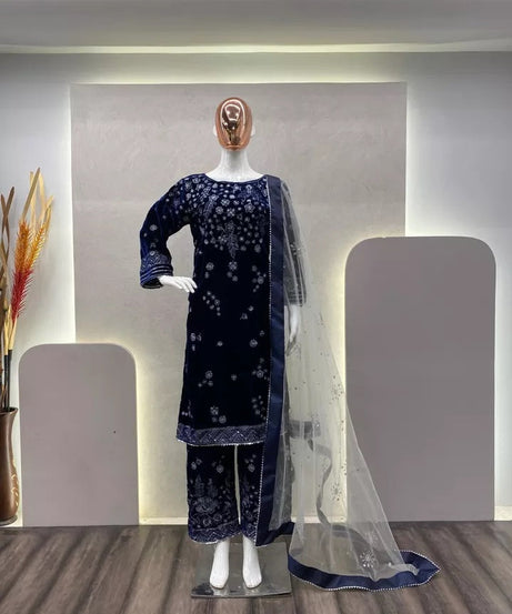 Ethnic Festival Collection Indian Stitched Viscose Velvet Top Pant Dupatta