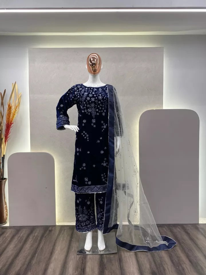 Ethnic Festival Collection Indian Stitched Viscose Velvet Top Pant Dupatta